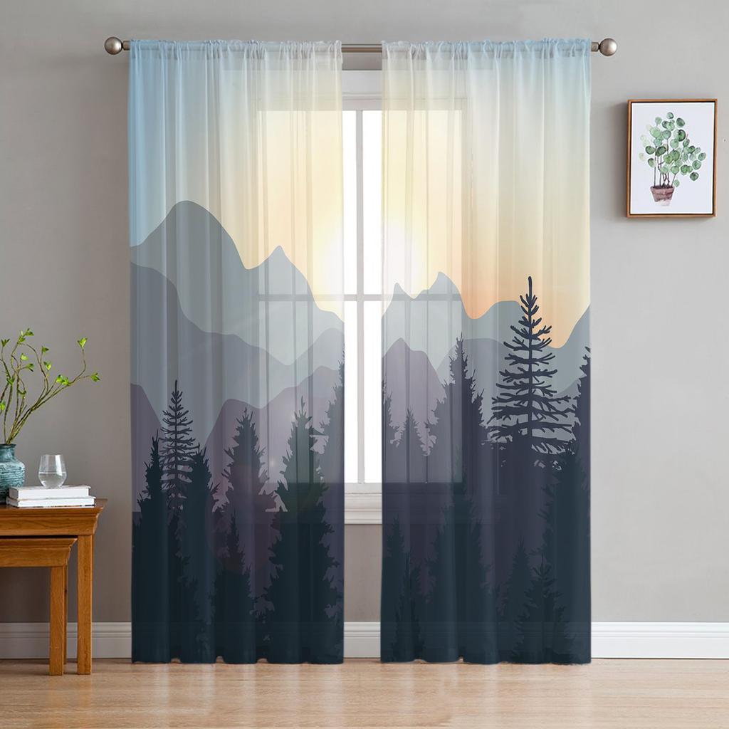 Arbor Tree Lake Landscape Sheer Voile Curtain For Living Room Transparent Tulle Window Curtains For Bedroom Accessories Decor