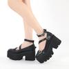 Womens Platform Mary Jane Shoes On Chunky Heels Spring Cross Bandage Kawaii Cospaly Heart Buckle
