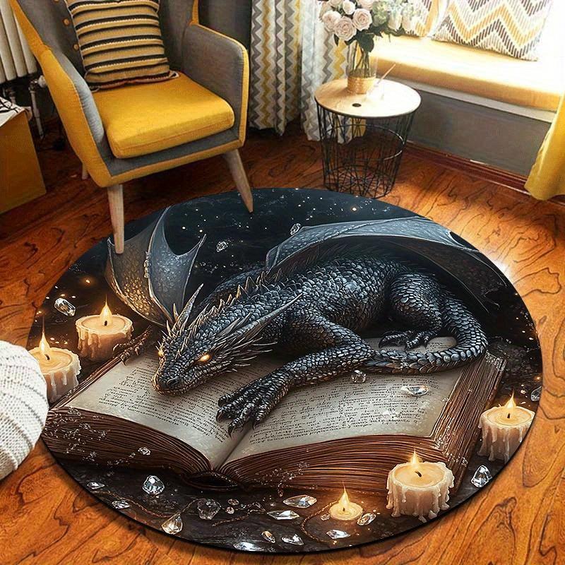 1pc Dragon on Ancient Book Round Floor Mat, Lightweight NonSlip Machine Washable, Home Decoration,Mystical Creature, Suitable for Living Room, Bedroom