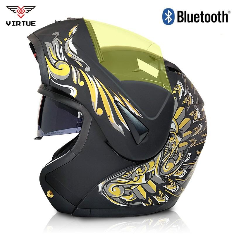 VIRTUE Full Face Motorcycle Helmet With Dual Lens Carbon Fiber Style Decal ABS Shell Flip-Up Design Adult Riders
