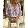 Women's V-neck Tie Ruffle 3/4 Sleeve White Base Large Green Leaf Print Blouse, Fresh Office Top