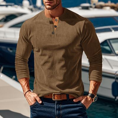 Мужская полосатая рубашка-henley с длинным рукавом, повседневная, приталенная, с пуговицами на воротнике