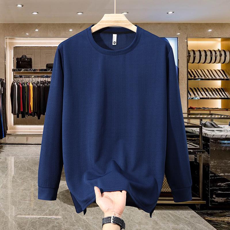 Мужская футболка-худи с длинным рукавом и флисовой подкладкой - Однотонная, с круглым вырезом, Большого размера, для Весны и Осени