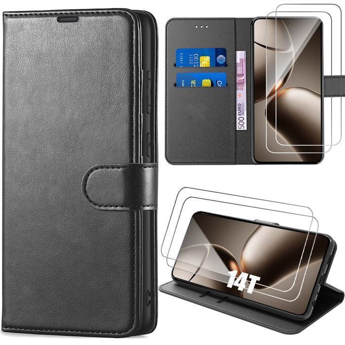 Coque de protection - E.F.CONNECTION - pour Xiaomi 14T - Cuir Synthétique Noir - avec 2 Verres - Antichoc