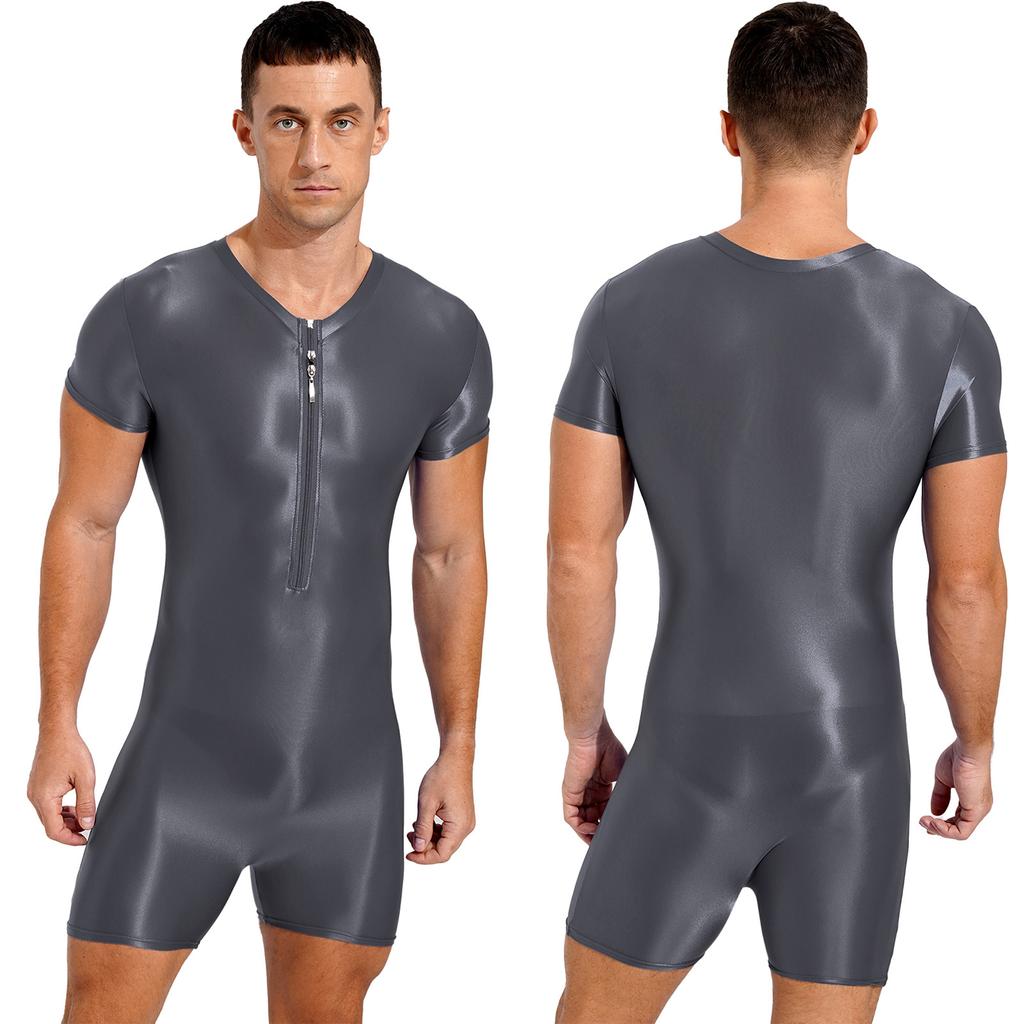 Mens Short Sleeve Zipper Jumpsuit One-Piece Round Neck Bodysuit Swimwear for Swimming Bodybuilding Workout