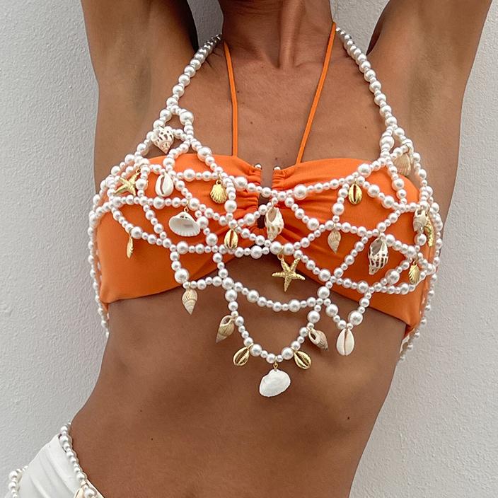 Ingemark Luxury Imitation Pearl Body Tops Bra  Chains Necklace Tassel Starfish Conch Waist Belly Belt Women Beach Bikini Jewelry