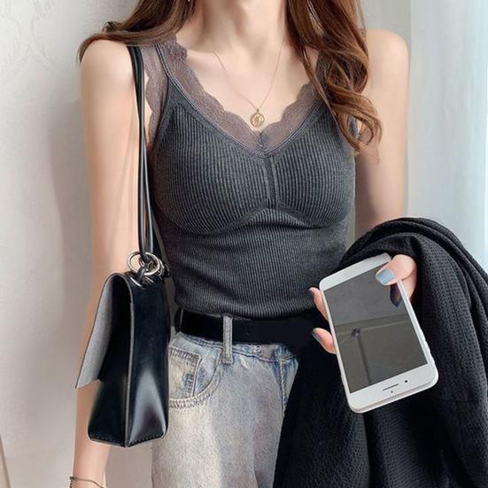 Women Thermal Vest Lace Trim Plush-lined V Neck Sleeveless Thread Solid Color Slim Fit Elastic with Chest Pads Layering