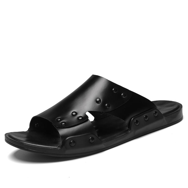 Летние мужские сандалии из натуральной кожи, модные высококачественные туфли на плоской подошве, дышащая повседневная обувь, черные пляжные тапочки