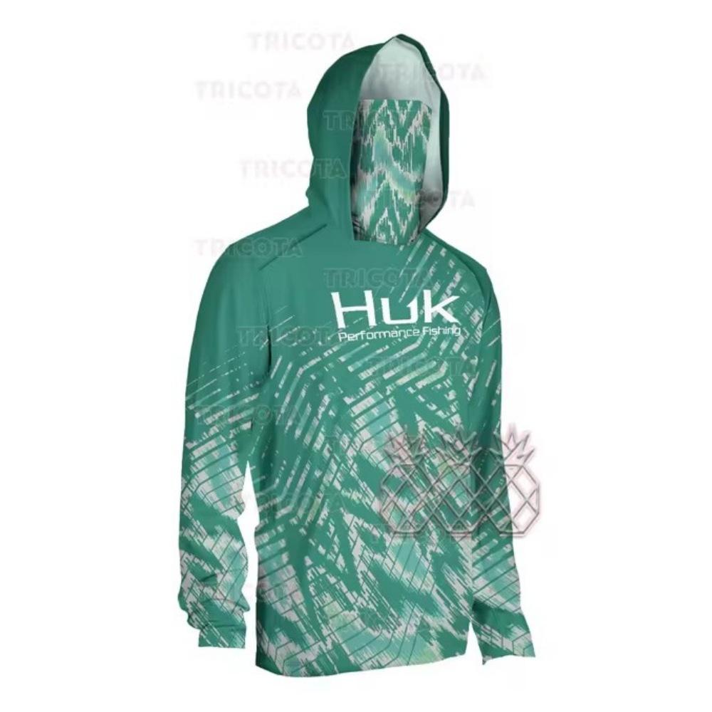 2024 New HUK Men's Long Sleeve Hooded Face Mask Fishing Clothing, UV Protection Fishing Shirt Fishing Clothing