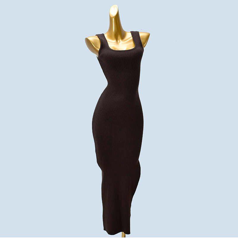 Knitting Sling Dress Women's Spring and Autumn Sexy Square-Neck Collarbone Slit Slim-Fitting Hip-Wrapped Sleeveless Long Dress Show Figure