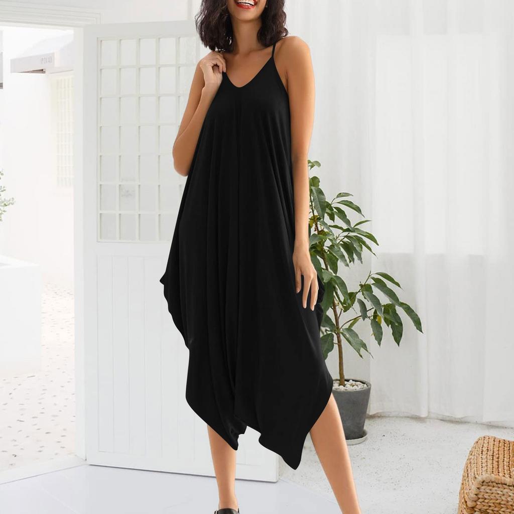 Fashion V-Neck Camisole Jumpsuit For Womens Adjustable Spaghetti Straps Vintage Romper Jumpsuit With Pocket