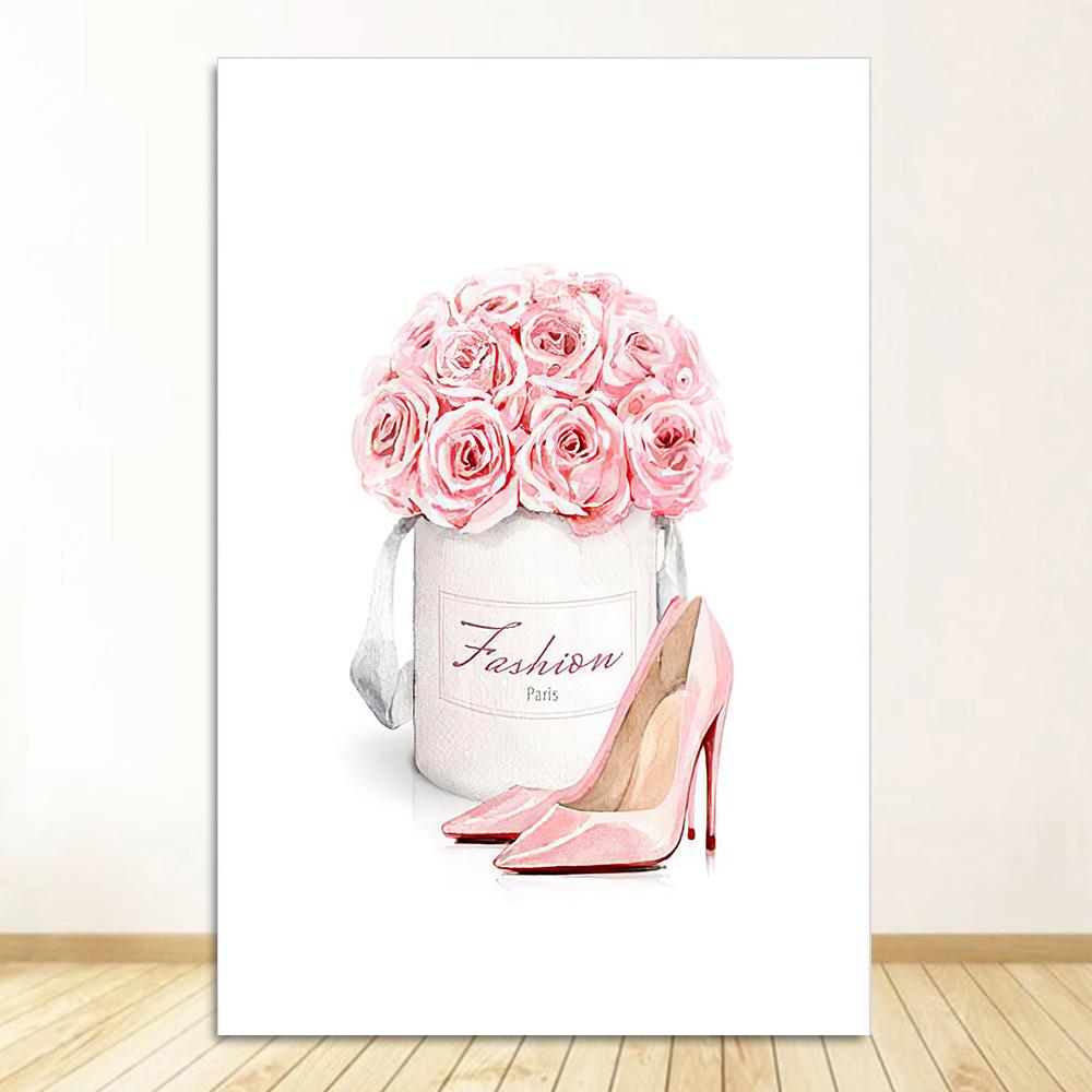 Мода Девушка Искусство Холст Картина Флакон Духов Каблуки Губная Помада Сумка Скандинавские Постеры и Принты Настенные Картины Декор Комнаты
