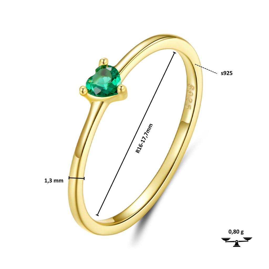 Silver gold-plated ring, green HEART, size 16, silver 925