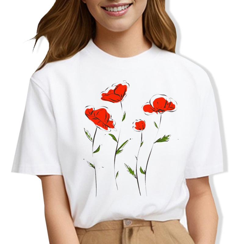 Модная красная футболка унисекс с принтом цветов и цветов, черная футболка с коротким рукавом, летняя футболка унисекс с принтом цветов в стиле Харадзюку для девочек