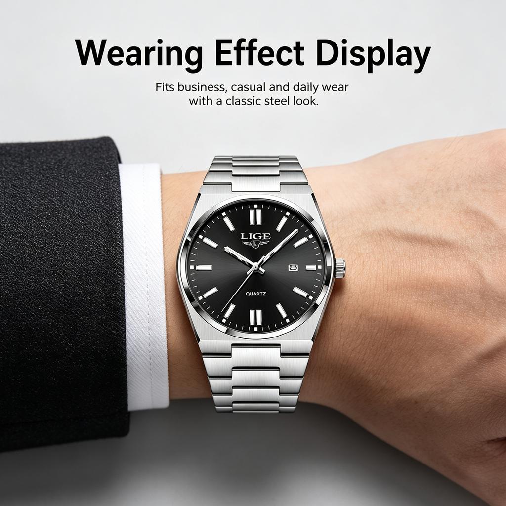 New LIGE classic simple men's watch quartz stainless steel strap ultra-thin casual waterproof watch men's gift reloj+box