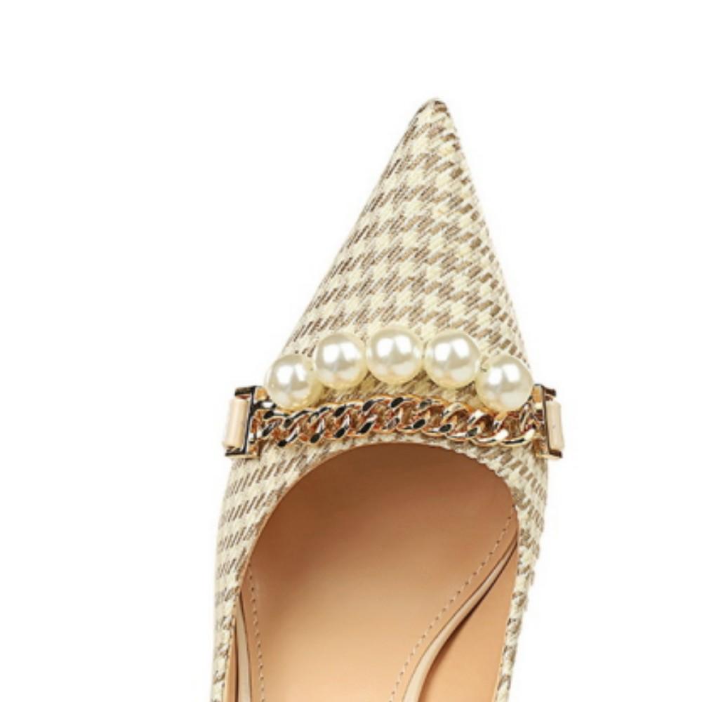European and American Thin Heel Shallow Mouth Pointed Cloth Plaid Thousand Bird Check Metal Chain Pearl High Heel Shoes