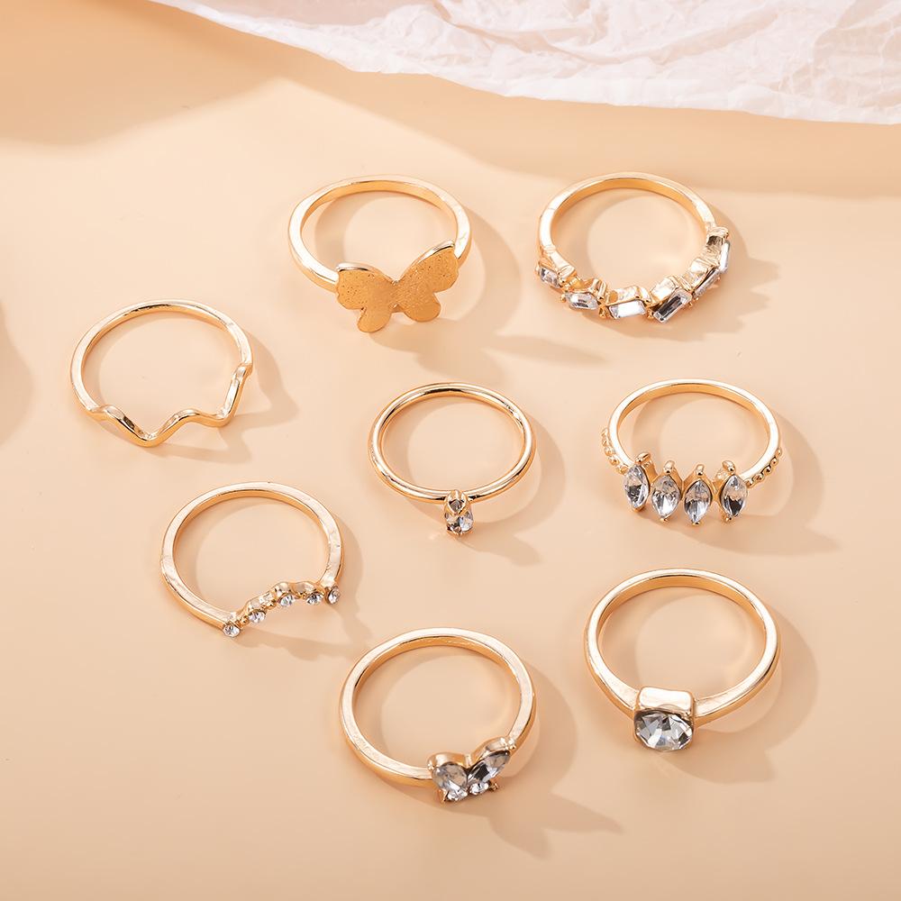 Combination Ring Golden Butterfly Wave Point Diamond 8-piece Set Ring