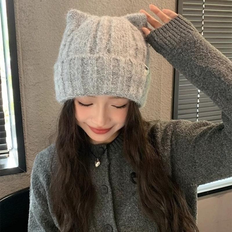 1pc Women's  Winter New Cat's Ears Cute Wool Hat,Korean Version Thickened Warm Knitting Hat,casual and Versatile Daily Going Out