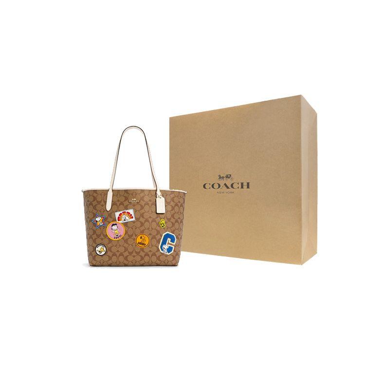 Coach X Snoopy City 33 Classic Monogram Faux Leather Tote Bag Women tote Khaki C4292-IME7V