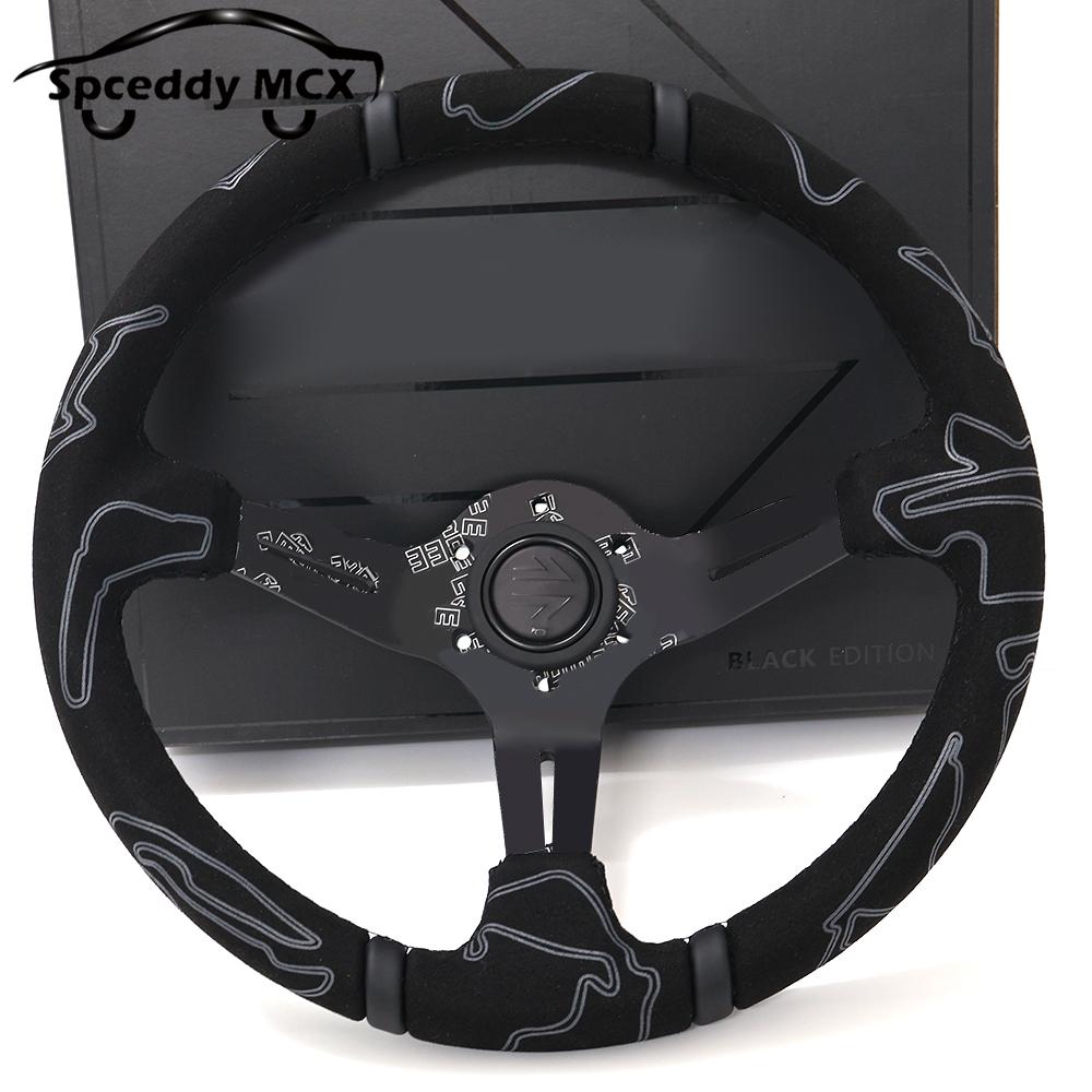 13.5inch Deep Dish Racing Steering Wheels Universal Black Edition Deep Corn 335mm Sports JDM Steering Wheel Suede Doodle