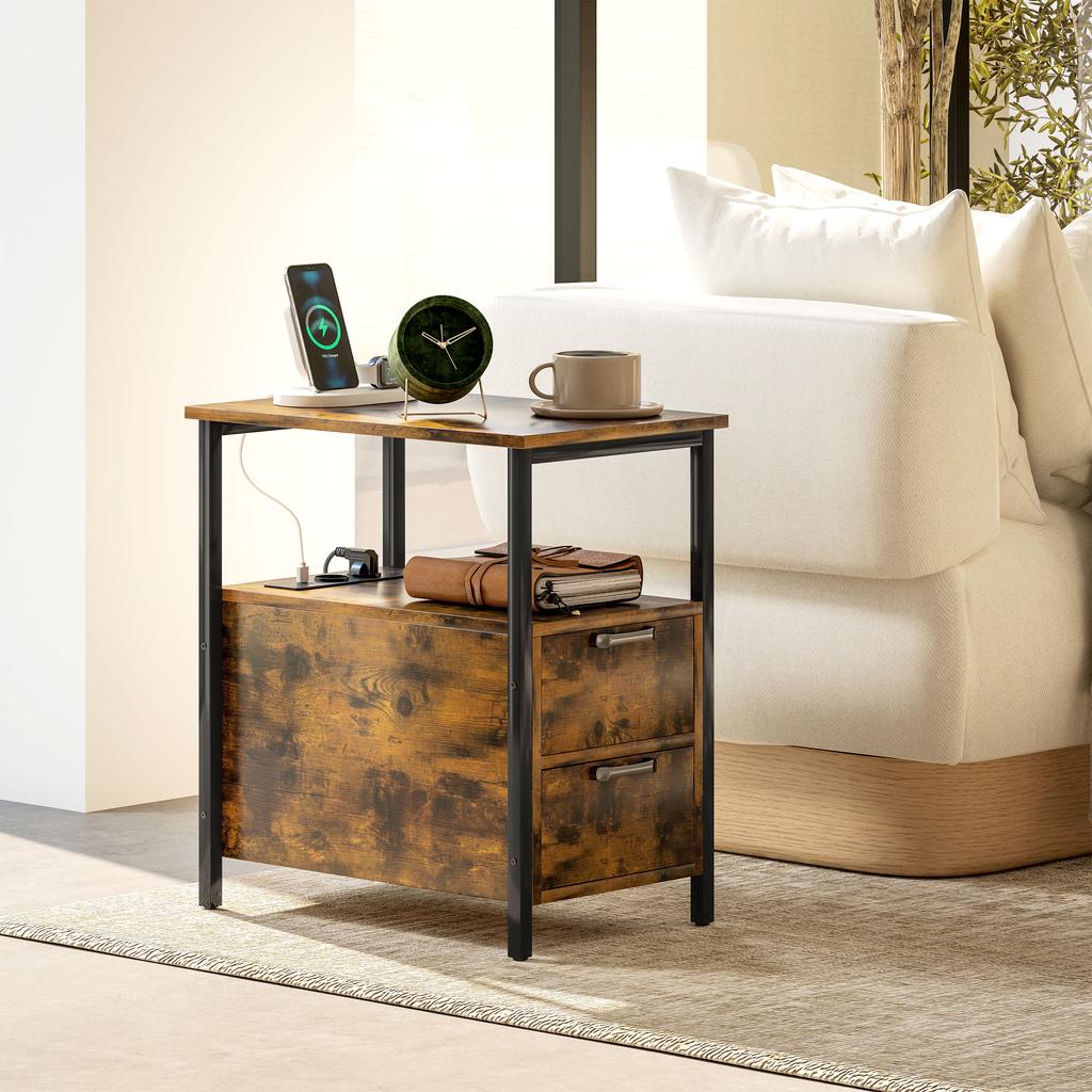 Side Table With Charging Station And Power Outlet Nightstand With Drawers And Open Shelf Rustic Brown