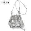 Women's Versatile Draw Belt Silver Women's Bag, Fashion Bucket Bag, Rivet Locomotive Bag, Casual Commuting Shoulder Messenger Bag