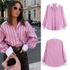 Женская весенняя новинка европейский и американский розовый в полоску с лацканами свободный с длинным рукавом повседневная блузка