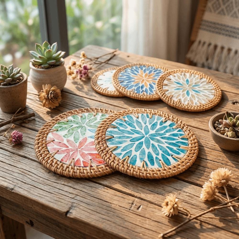 Handwoven Teapot Mats Round Tea Cup Mats Creative Shell Mats Desktop Use