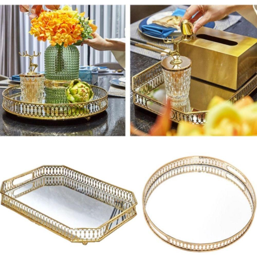 Rectangle Mirror Storage Tray Round Makeup Snack Tray Metal Jewelry Tray Bedroom Living Room