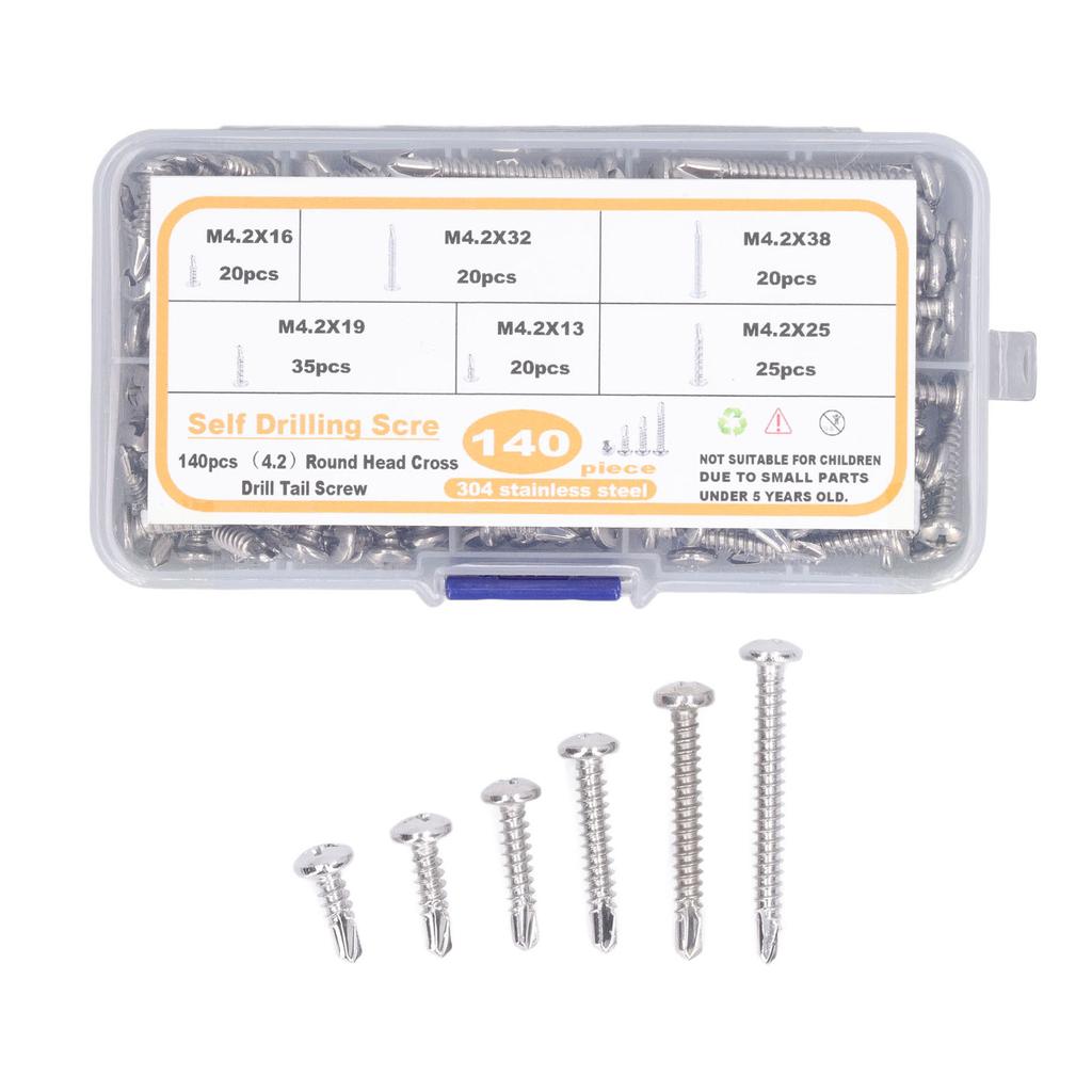 140PCS M4.2 Round Head Cross Screw Assortment Deep Thread 410 Stainless Steel Self Drilling Screws