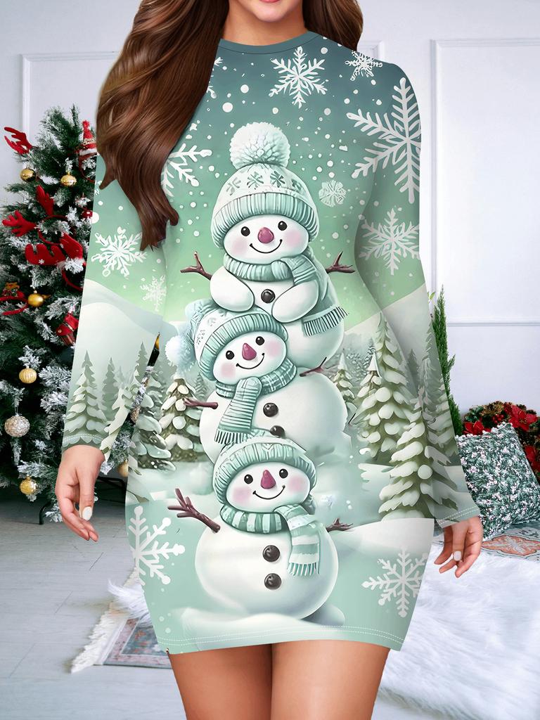 Новое женское платье в обтяжку Осень-Зима 2025, с 3D принтом и окрашиванием снеговика, модное женское платье с длинным рукавом и круглым вырезом, сексуальное платье в обтяжку