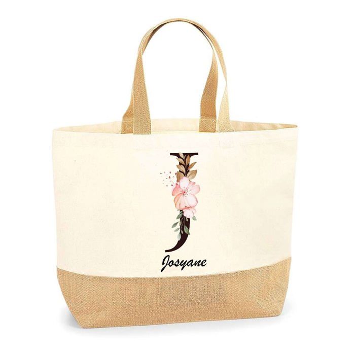 Tote bag en jute - PLANETEE - Josyane Lettre Fleur - Multicolore - Jute naturel - Poignées renforcées