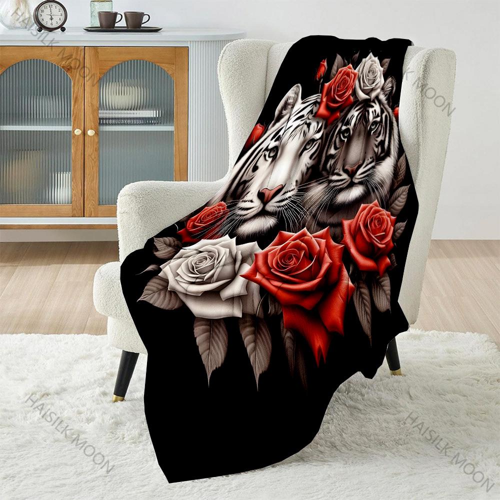 Tigers Surrounded By Vibrant Roses Pattern Blanket Flannel Material Soft Warm for All Seasons, Home Outdoor Camping Picnics RV