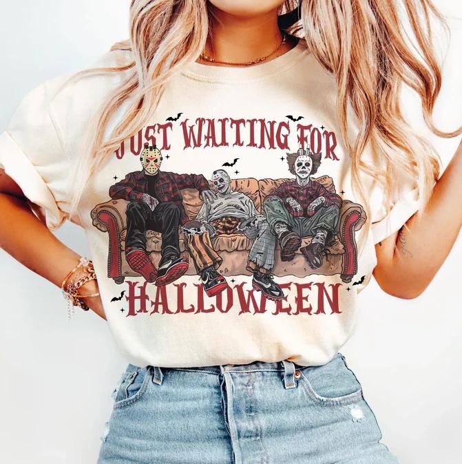 Just Waiting For Halloween Horror Movie Characters Shirt, Horror Movie Fan Gift
