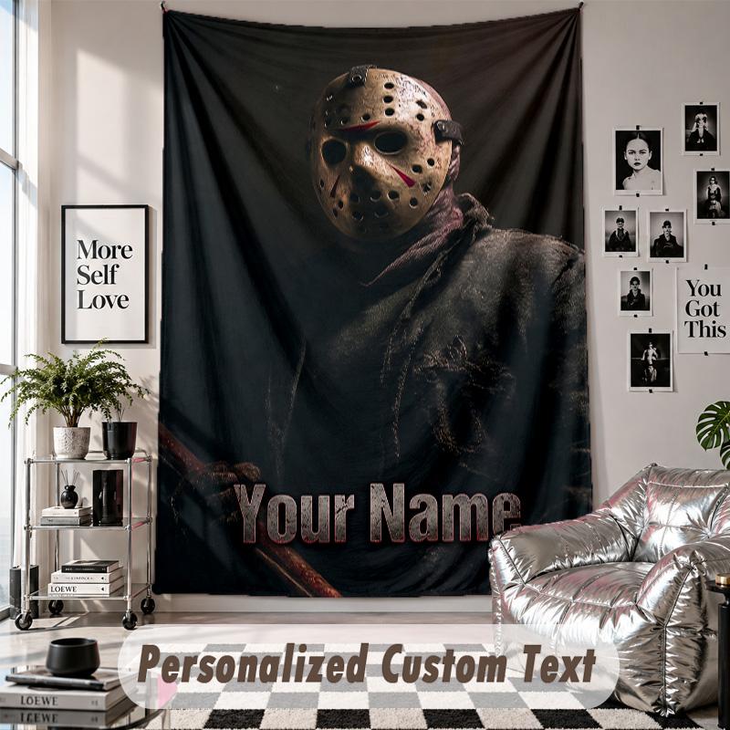 Custom Tapestry Wall Hanging, Friday the 13th Jason Voorhees Personalized Name Text Home Wall Decor