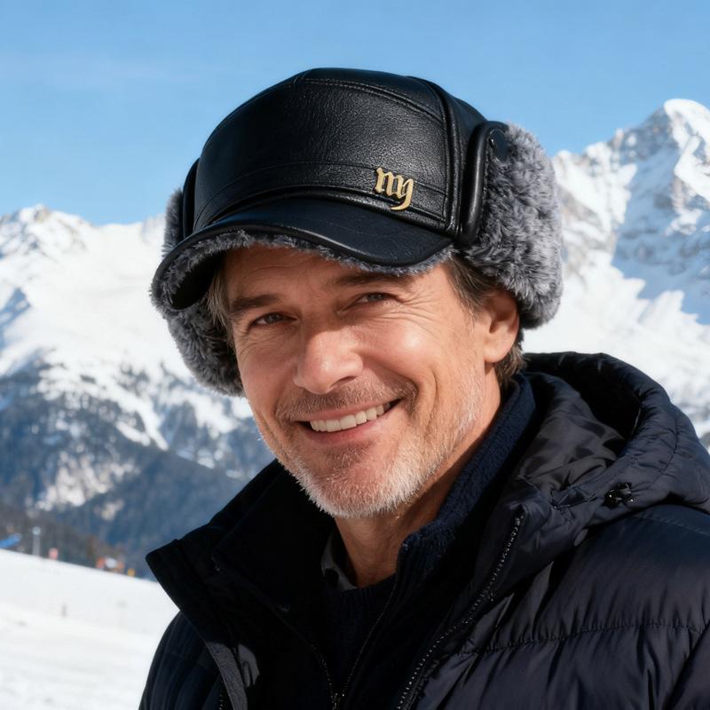 Men's Leather Hat Winter Warm Ear Protection Hat for Middle-Aged and Elderly People Bomber Hat Thick Cold-Proof Cap