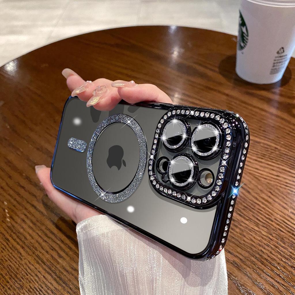 Прозрачный гальванизированный магнитный чехол с бриллиантовыми блестками для iPhone 14/15/16, 15 Pro Max, силиконовый