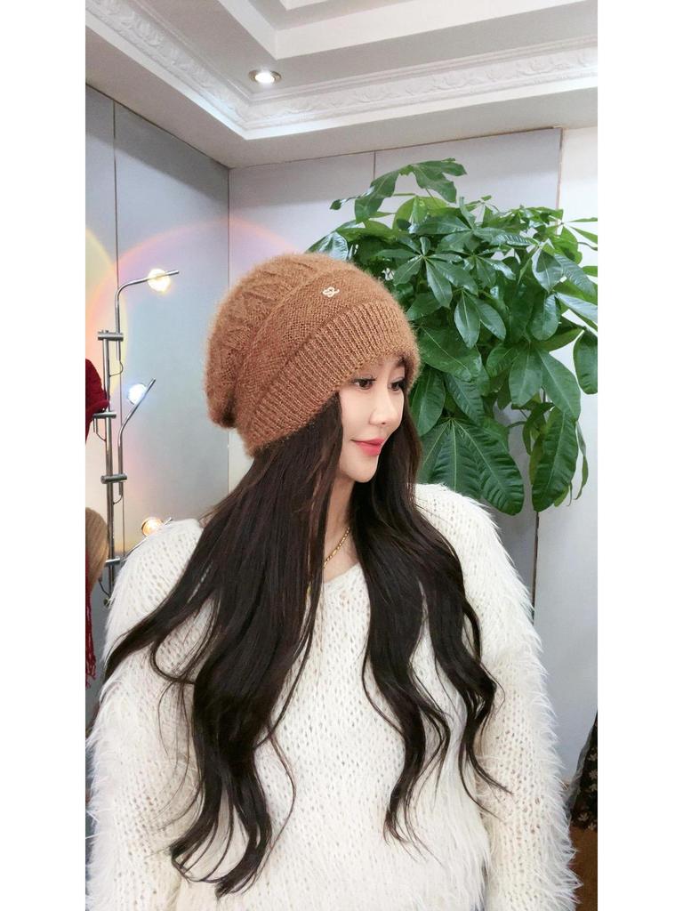 Двухслойная вязаная шерстяная шапка с большой окружностью головы и теплой подкладкой из толстого бархата