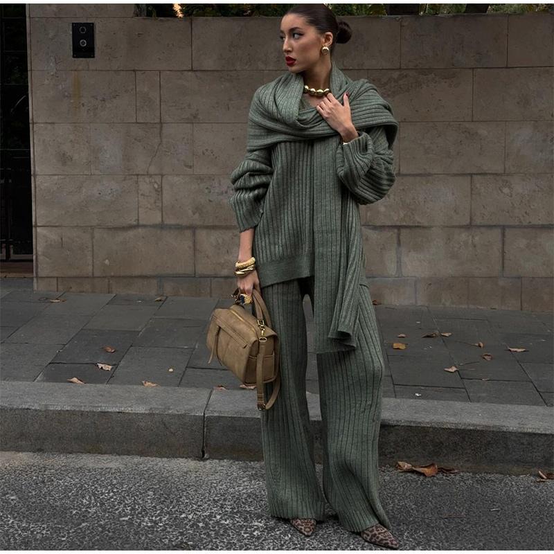 Свободные трикотажные женские комплекты с V-образным вырезом, длинным рукавом, шарфом, пуловером, длинными брюками, трикотажный женский костюм, осенне-зимние повседневные женские костюмы