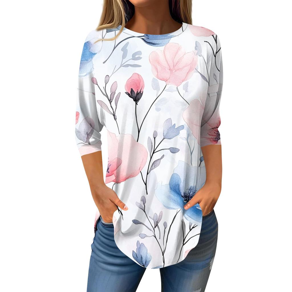 Рубашки с рукавом 3/4 для женщин, милые топы, футболки с рисунком, блузки, повседневные базовые топы больших размеров, пуловеры