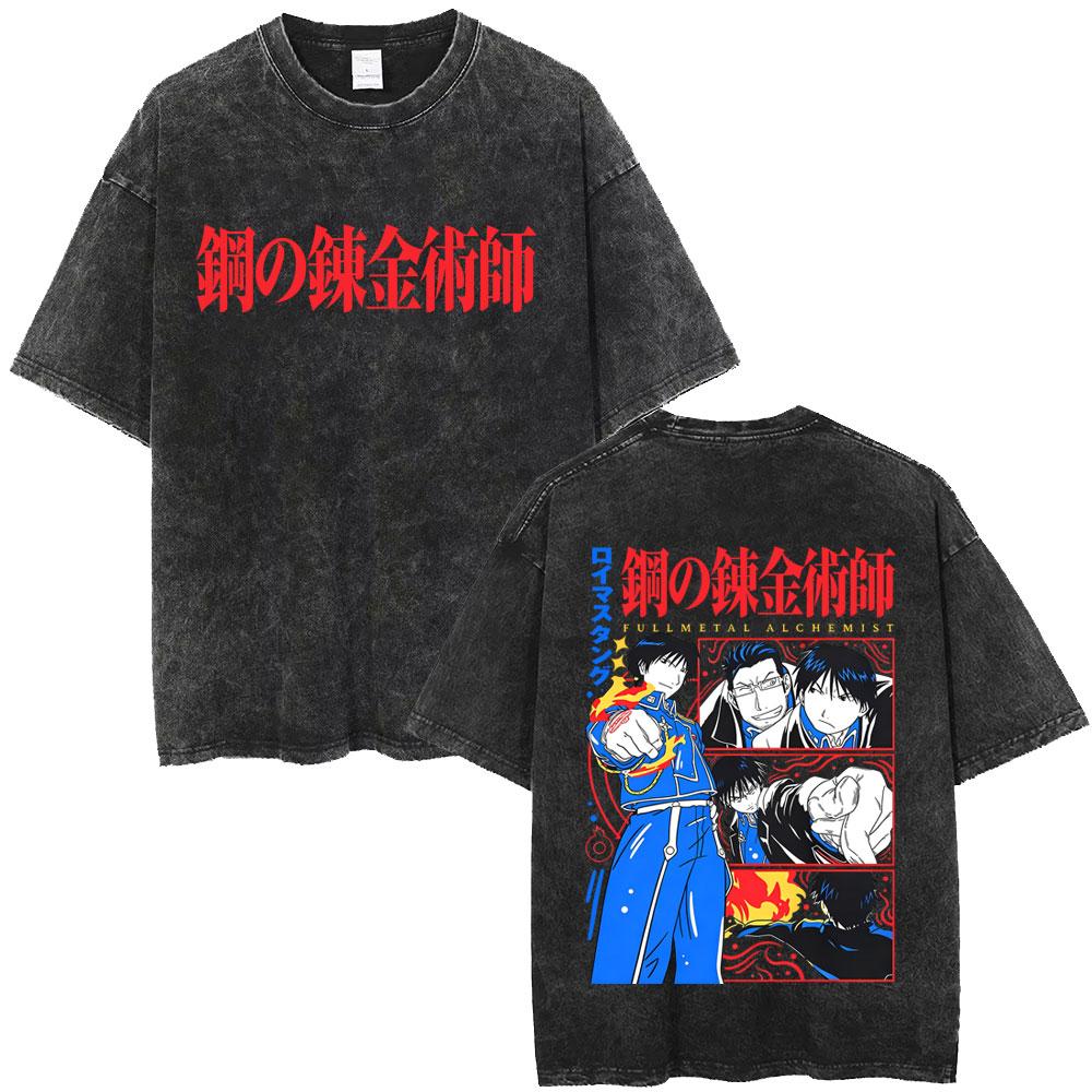 Anime Fullmetal Alchemist Washed Vintage Tshirts Manga Roy Mustang Graphic Tshirt Men Women Casual Cartoon Oversized T Shirts
