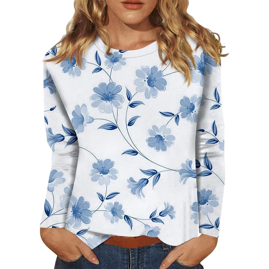 Женская мода повседневный топ с длинным рукавом с цветочным принтом и круглым вырезом
