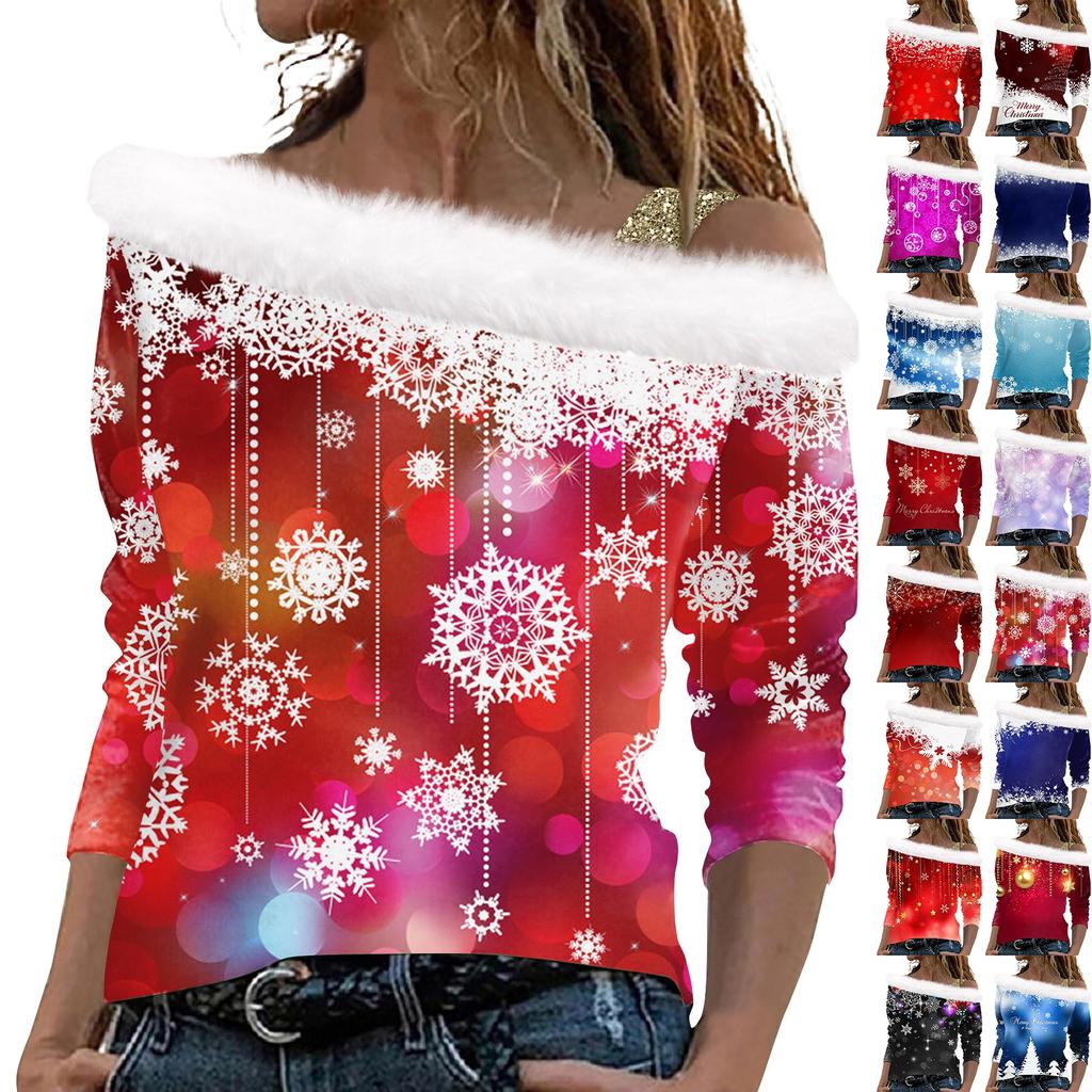 Women's Casual Long Sleeve Slouchy Christmas Printed Plush Fashion Top