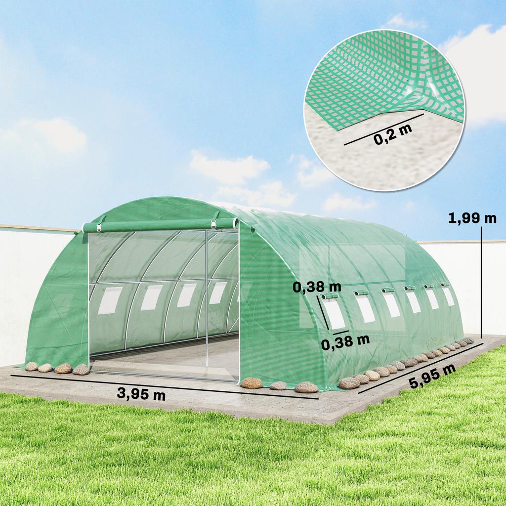 Garden Tunnel Greenhouse, Galvanized Steel 25 mm, 395 x 595 x 199 cm, Green
