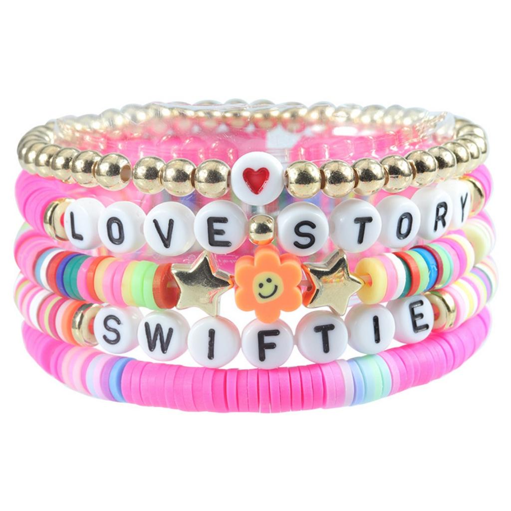 Multi-layer Color Soft Pottery Bracelet Elastic Color Letter Beaded Bracelet Set