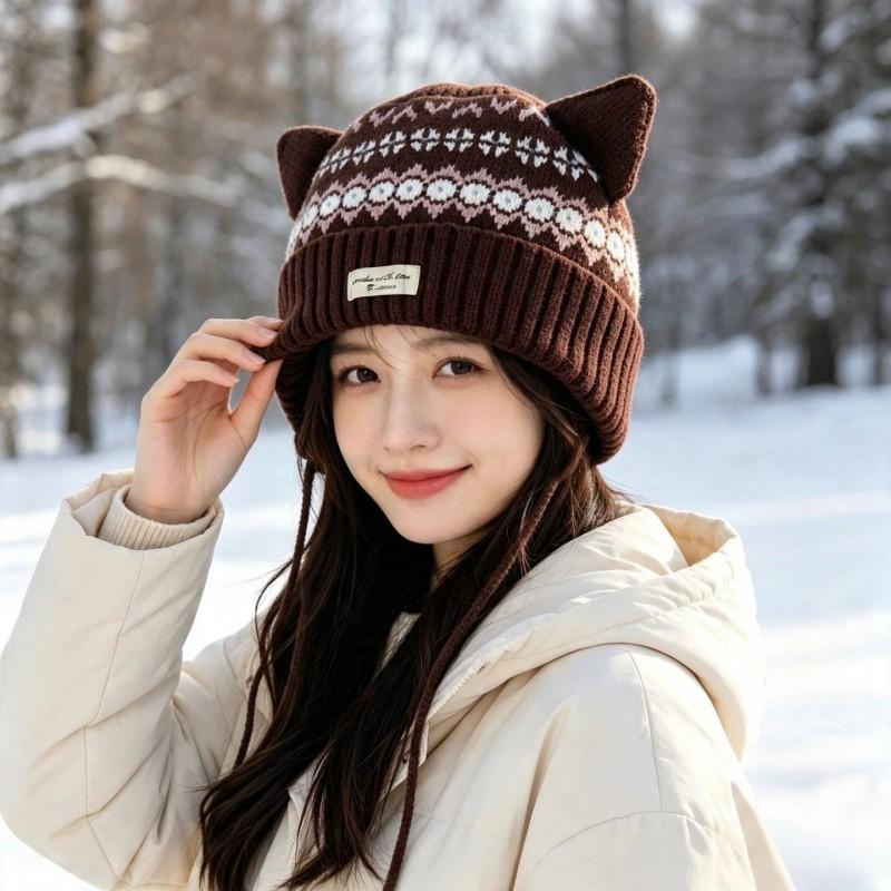2026 Winter Fair Isle Knit Beanie Women With Cat Ear Detail Warm Cozy Wool Blend Hat In Solid Contrast Colors