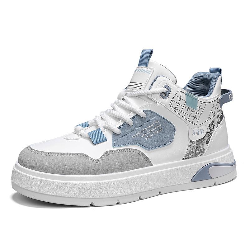 Autumn new leather splicing contrasting color platform heightening board shoes fashion casual outdoor sports shoes high top men's shoes