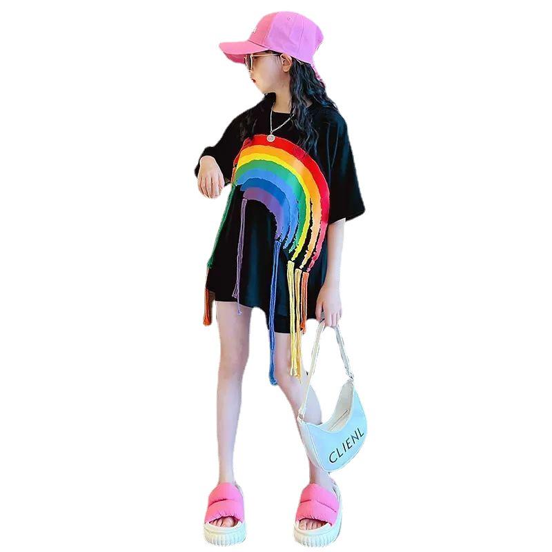 Girls' Hip-Hop Rainbow Braids Short-Sleeve Street Dance T-Shirt