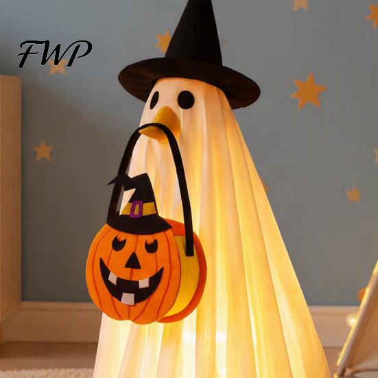Creative Glow in The Dark Apparel Halloween Glowing Ghost Costume with Witch Hat & Pumpkin Tote Bag, LED Battery Powered Clothes Light Up Fabric