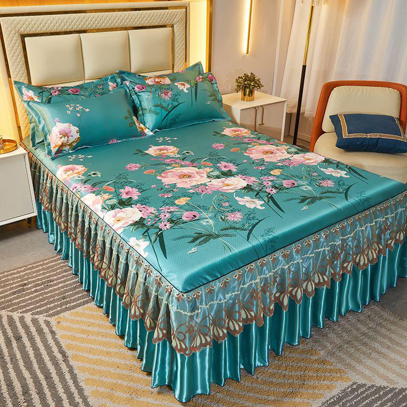 Комплект кружевной юбки для кровати из ледяного шелка и прохладного коврика - Дышащий дизайн из ротанга